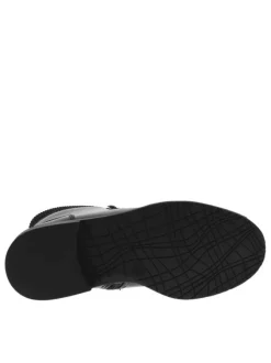 Bottillons fourrés noirs vernis à talon bas, chevillière stretch et zip