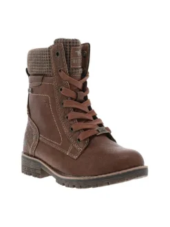 Bottines cognac à talon décroché bas avec des lacets plats et un zip