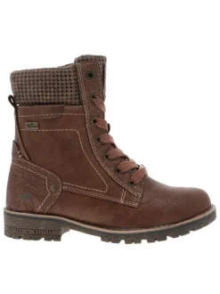 Bottines cognac à talon décroché bas avec des lacets plats et un zip