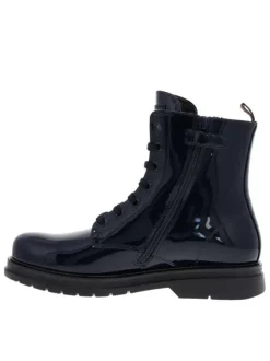Bottines aspect cuir verni bleu marine à semelle plate à talon décroché bas et à lacets plats et zip