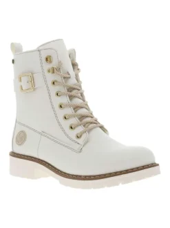 Bottines blanc cassé à talon décroché bas et à lacets ronds et zip latéral