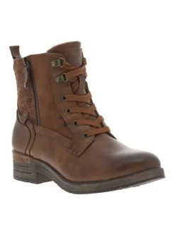 Bottines brunes à talon décroché bas avec un zip et des lacets ronds