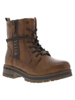 Bottines brunes à talon décroché bas avec un zip et des lacets ronds