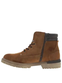 Bottines brunes à talon décroché bas et à lacets marron à liseré rouge
