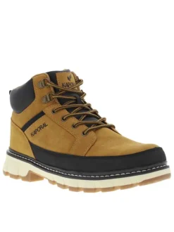 Bottines caramel à semelle crantée beige, renfort noir et lacets ronds tressés