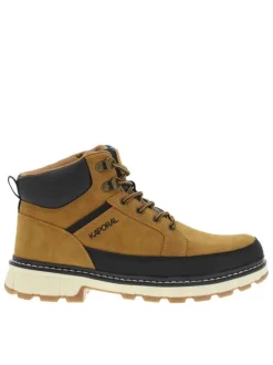 Bottines caramel à semelle crantée beige, renfort noir et lacets ronds tressés
