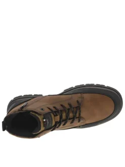 Bottines cognac à talon plat avec un logo imprimé sur le côté
