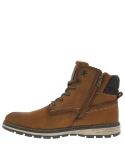 Bottines cognac à talon plat pourvues d'une fermeture zippée et de lacets