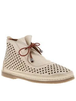 Bottines en cuir beiges à semelle plate avec des lacets et un zip latéral
