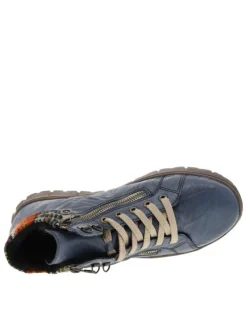 Bottines en cuir bleues à talon plat avec des lacets plats et 2 zips