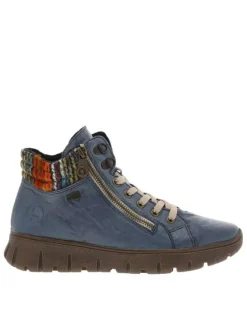 Bottines en cuir bleues à talon plat avec des lacets plats et 2 zips