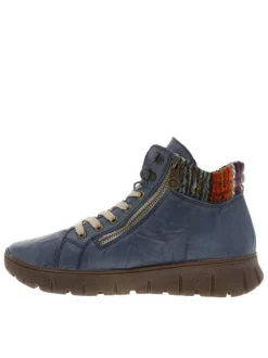 Bottines en cuir bleues à talon plat avec des lacets plats et 2 zips