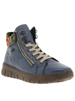 Bottines en cuir bleues à talon plat avec des lacets plats et 2 zips