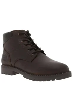 Bottines en cuir café à talon décroché bas avec un zip et des lacets ronds