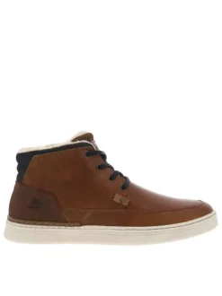 Bottines en cuir cognac à semelle plate et à lacets ronds bleus