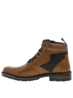 Bottines en cuir cognac à talon décroché bas avec des lacets plats et un zip