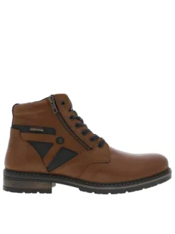 Bottines en cuir cognac à talon décroché bas avec des lacets plats et un zip