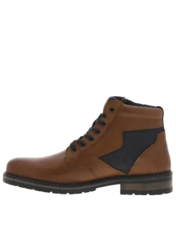 Bottines en cuir cognac à talon décroché bas avec des lacets plats et un zip