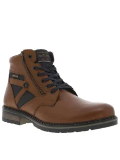 Bottines en cuir cognac à talon décroché bas avec des lacets plats et un zip