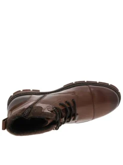 Bottines en cuir cognac à talon décroché bas avec un zip et des lacets ronds