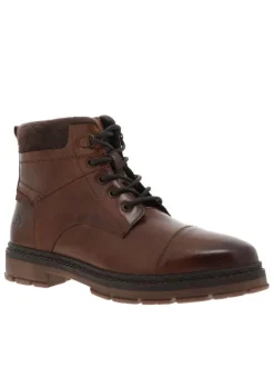 Bottines en cuir cognac à talon décroché bas avec un zip et des lacets ronds