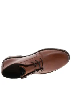 Bottines en cuir cognac à talon décroché bas avec un zip et des lacets ronds