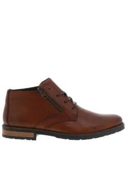 Bottines en cuir cognac à talon décroché bas avec un zip et des lacets ronds