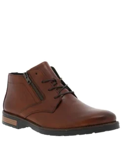 Bottines en cuir cognac à talon décroché bas avec un zip et des lacets ronds