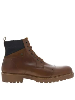 Bottines en cuir cognac à talon décroché bas avec zip et lacets ronds