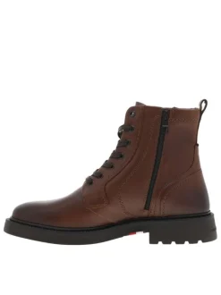 Bottines en cuir cognac à talon plat et à lacets et zip latéral et surpiqûres