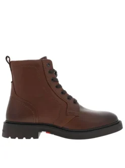 Bottines en cuir cognac à talon plat et à lacets et zip latéral et surpiqûres