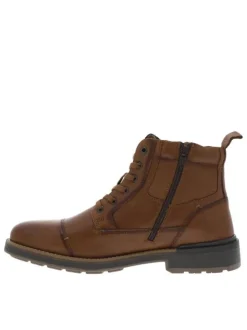 Bottines en cuir cognac à talon plat et à lacets plats et zip latéral