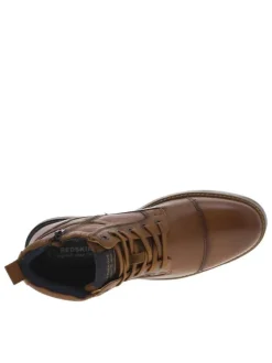 Bottines en cuir cognac à talon plat et à lacets plats et zip latéral