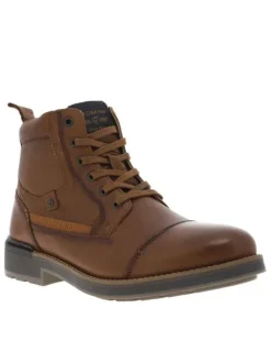 Bottines en cuir cognac à talon plat et à lacets plats et zip latéral