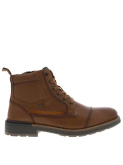 Bottines en cuir cognac à talon plat et à lacets plats et zip latéral