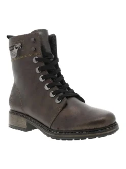 Bottines en cuir enduit bronze à talon décroché bas avec des lacets et un zip