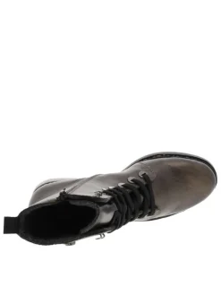 Bottines en cuir enduit bronze à talon décroché bas avec des lacets et un zip