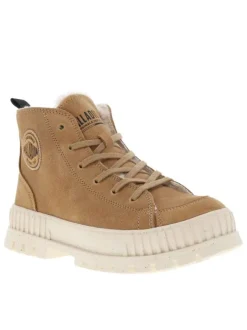 Bottines en cuir enduit camel à talon plat avec des lacets et un zip latéral