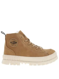 Bottines en cuir enduit camel à talon plat avec des lacets et un zip latéral