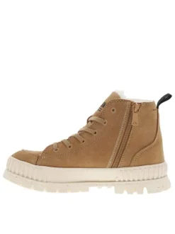 Bottines en cuir enduit camel à talon plat avec des lacets et un zip latéral