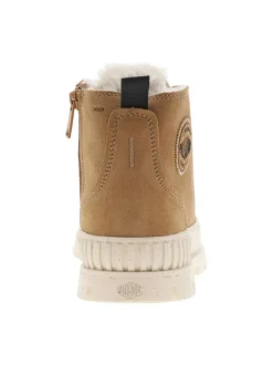Bottines en cuir enduit camel à talon plat avec des lacets et un zip latéral