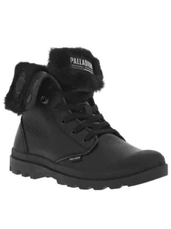 Bottines en cuir grainé noir à tige rabattable, fourrées, lacets plats