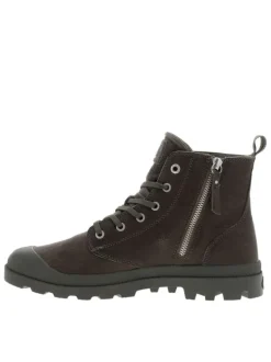 Bottines en cuir kaki à talon plat avec des lacets et un zip latéral
