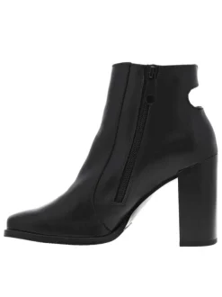 Bottines en cuir lisse noir à bout carré, à talon décroché haut et zip latéral