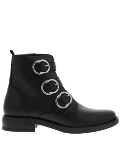 Bottines en cuir noir à brides décoratives, talon décroché bas, semelle plate et zip d'aisance