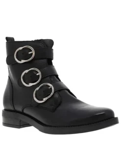Bottines en cuir noir à brides décoratives, talon décroché bas, semelle plate et zip d'aisance