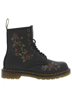Bottines en cuir noires à talon décroché bas avec des lacets et motifs fleuri