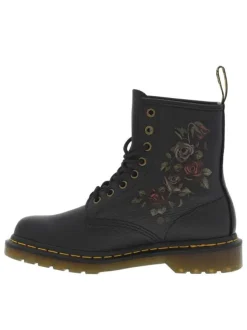 Bottines en cuir noires à talon décroché bas avec des lacets et motifs fleuri