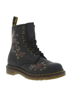 Bottines en cuir noires à talon décroché bas avec des lacets et motifs fleuri