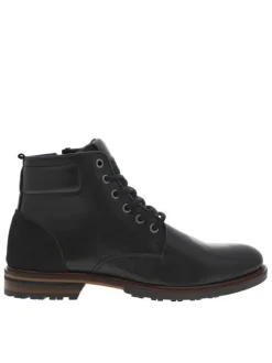 Bottines en cuir noires à talon plat avec un zip et des lacets ronds
